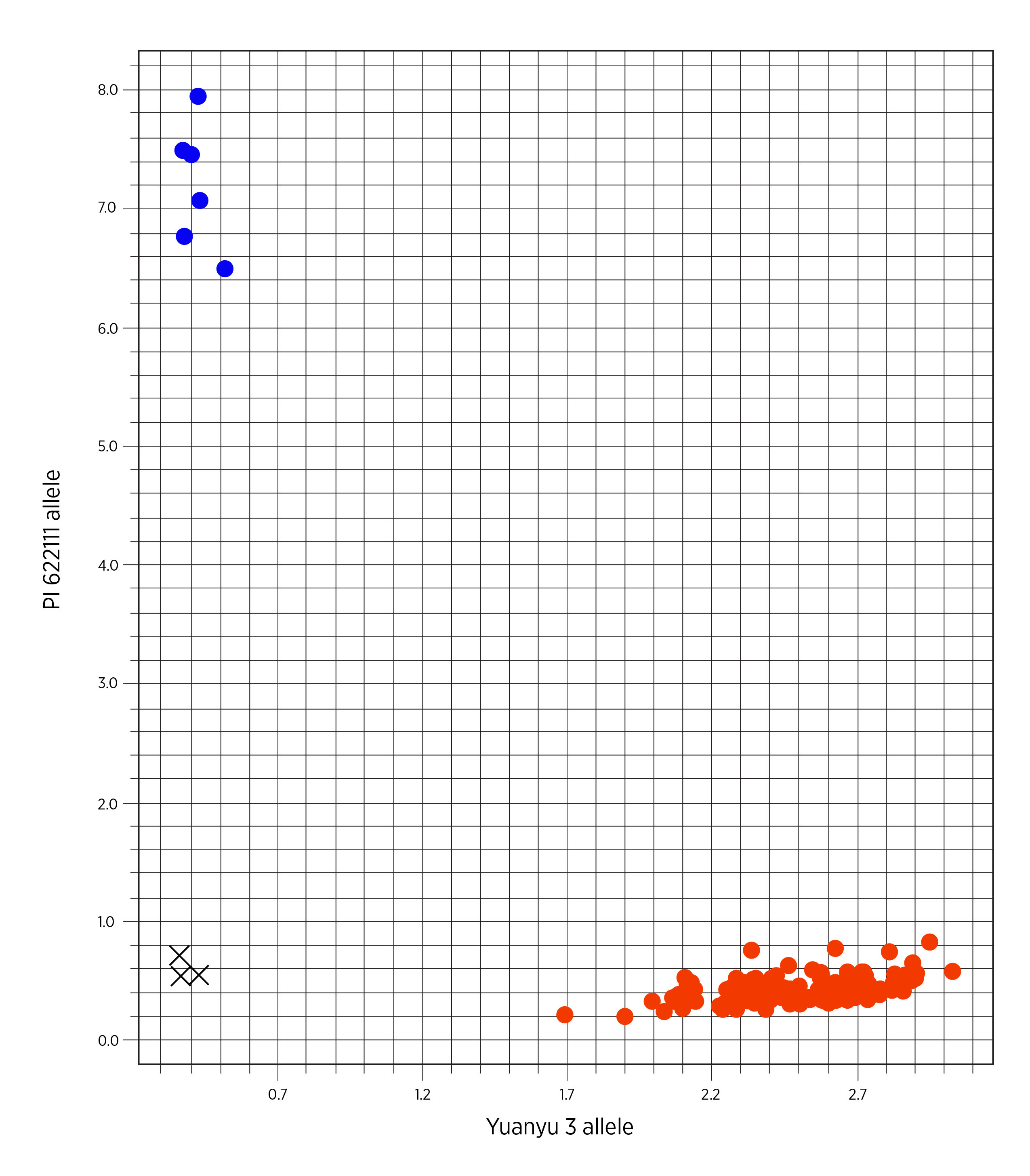A scatter plot graph showing the PI 622111 allele distributions on the left from 0.0 to 8.0 and the Yuanyu 3 allele on the bottom from 0.7 to 2.7. It has blue dots marking on the top left, X marking on the left bottom and red dots markings on the bottom right.