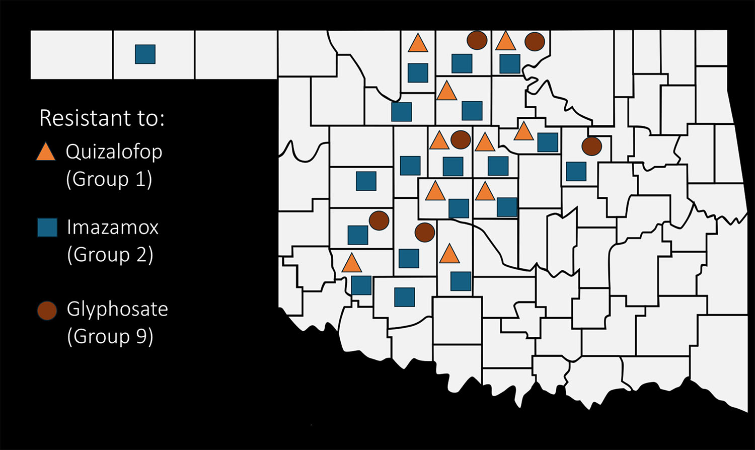 A map of Oklahoma counties showing the results of the wheat resistance study and the key showing Quizalofop (Group 1) as a triangle, Imazamox (Group 2) as a square and Gluphosate (Group 9) as a circle.