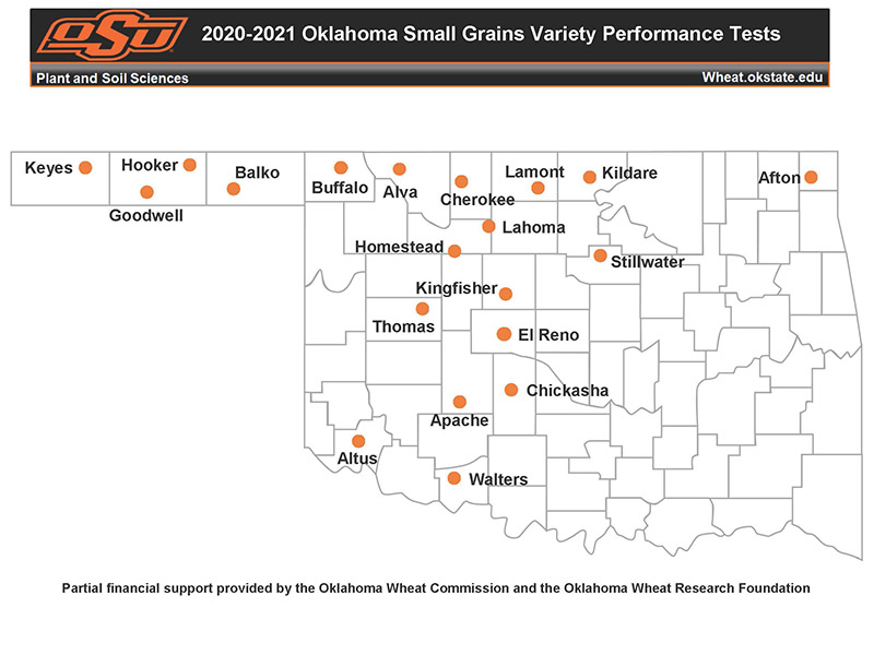 A map of Oklahoma showing the locations of the small grains variety performance tests.