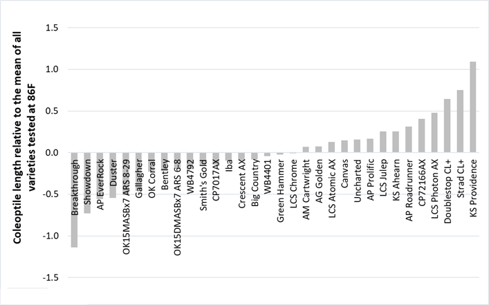 Coleoptile length at 86F, as a deviation from the average of all varieties