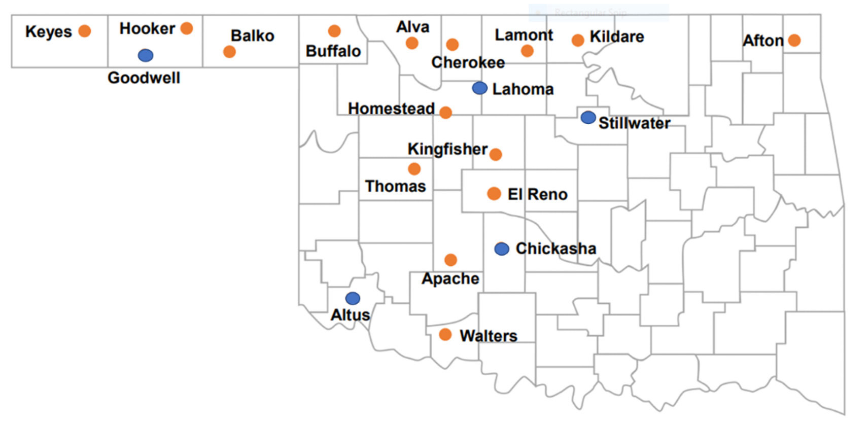 Current locations for the Oklahoma small grains variety performance tests.